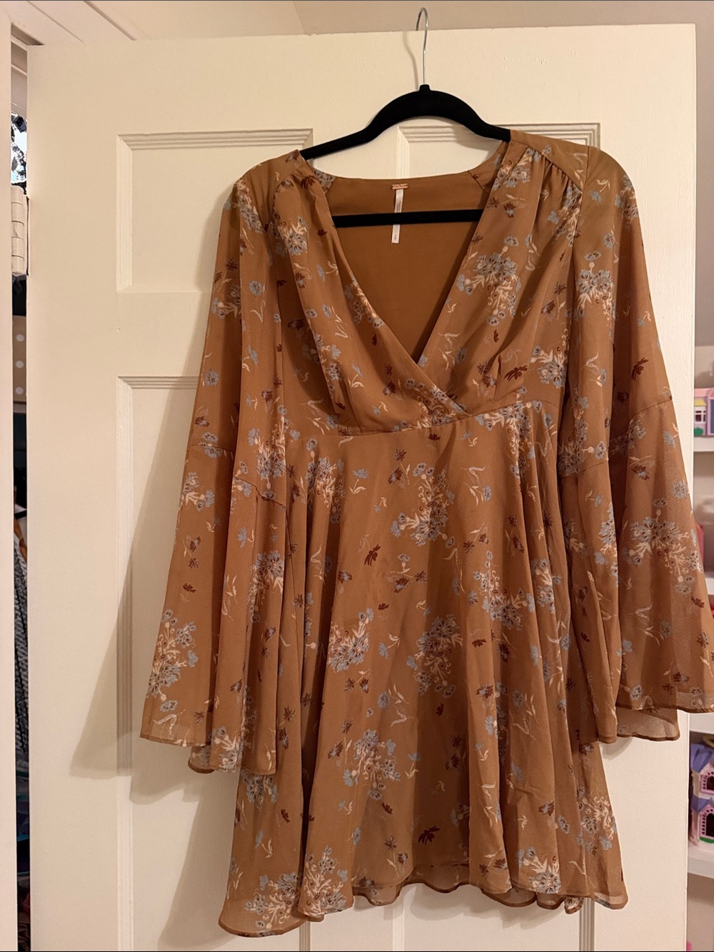 Free People Camel Floral Long-Sleeve V-Neck Dress
